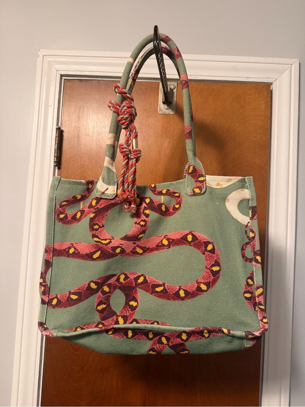 Vince Camuto Green Canvas Tote with Pink Snake Print
